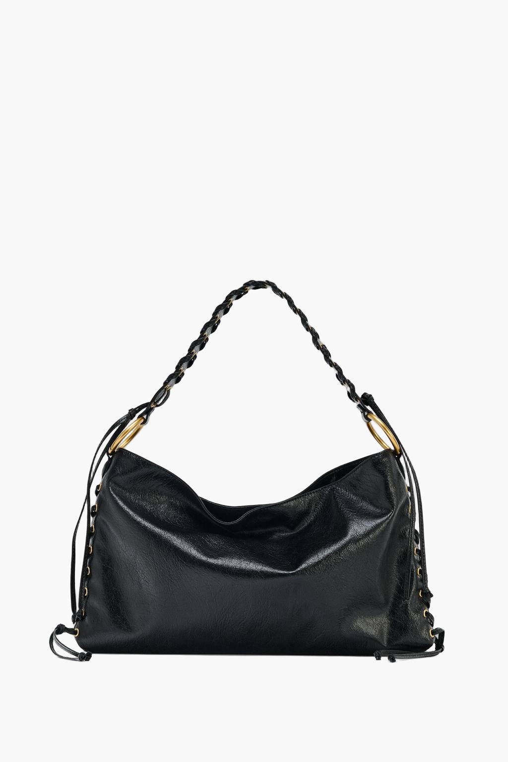 Black grained vegan leather shoulder bag with gold hardware