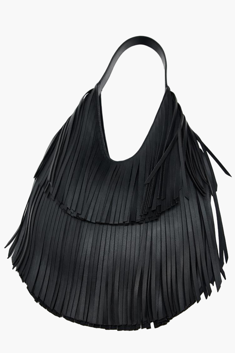 black fringe leather tote bag flat lay women statement