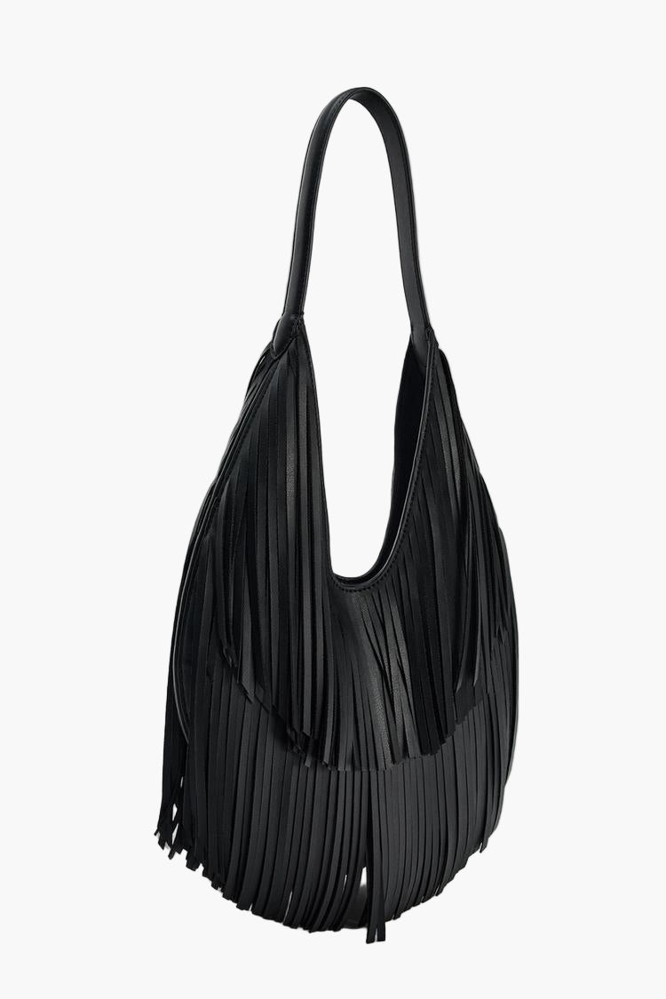 black fringe leather tote side view women sculptural bag