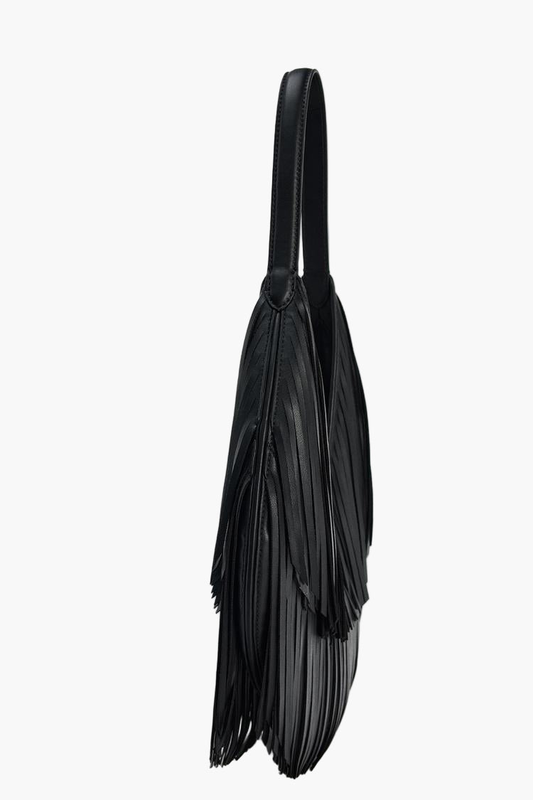 fringe leather tote bag side view black women shoulder