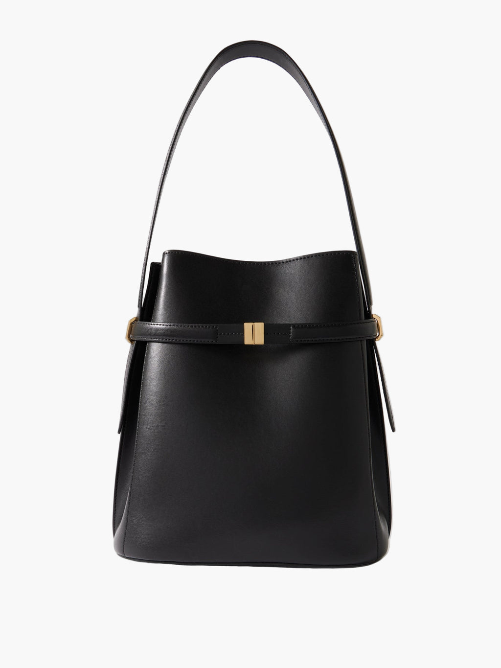 structured bucket bag black women leather gold hardware elegant