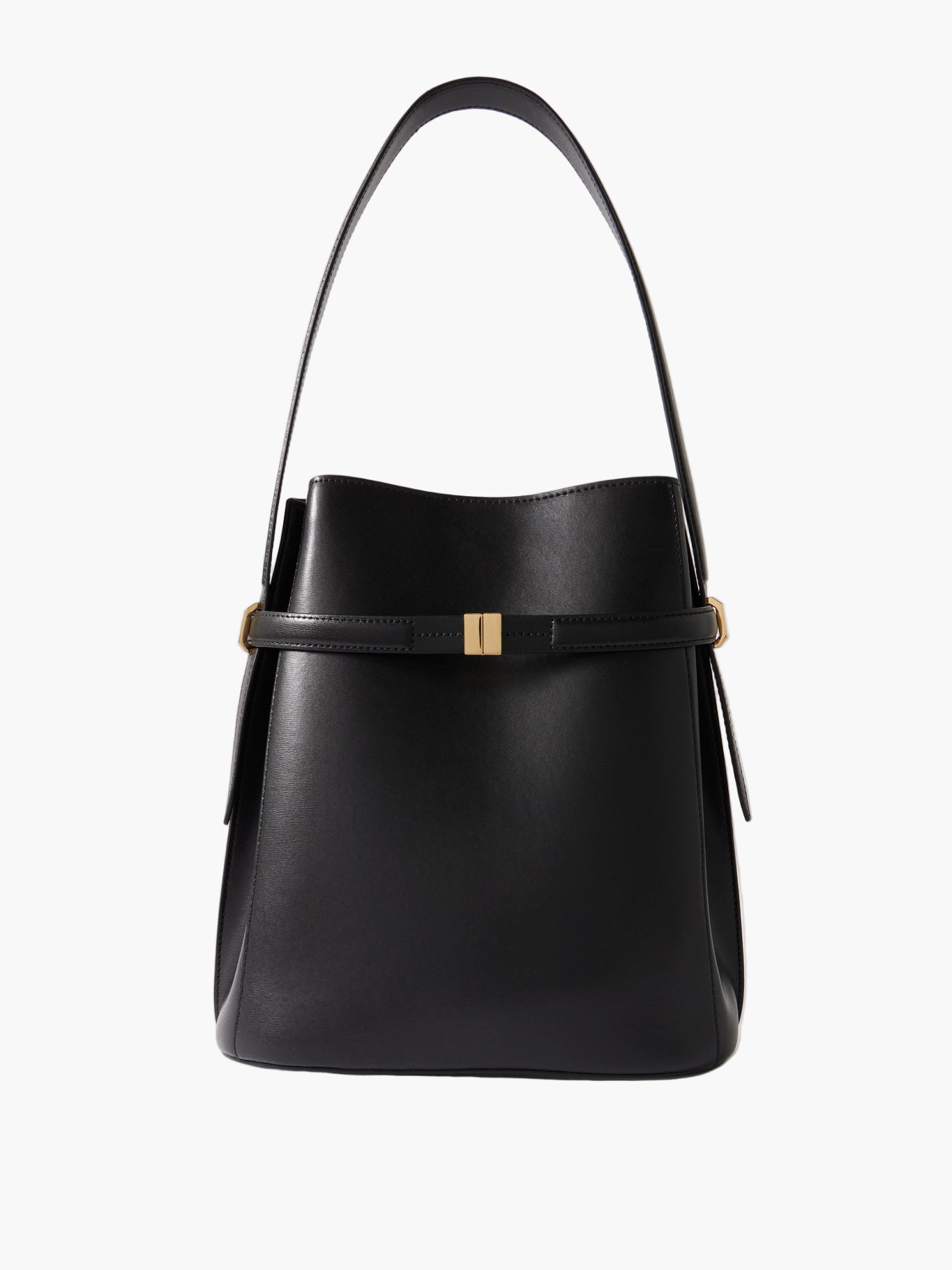 structured bucket bag black women leather gold hardware elegant