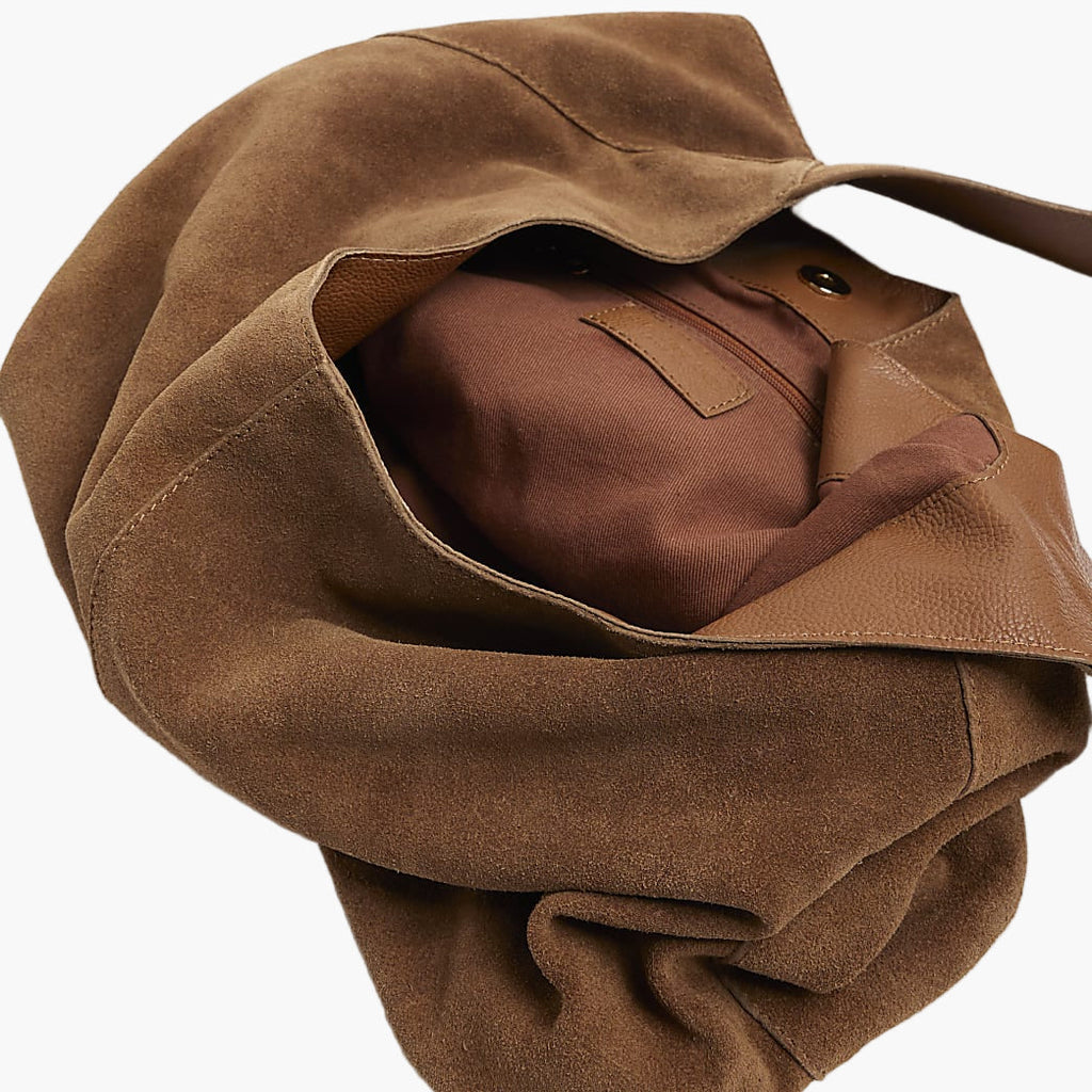 suede hobo tote bag brown open interior women spacious everyday