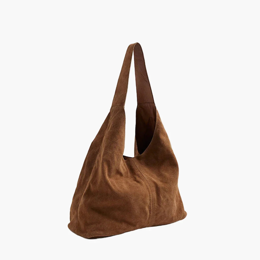 suede hobo tote bag brown side view women unstructured relaxed