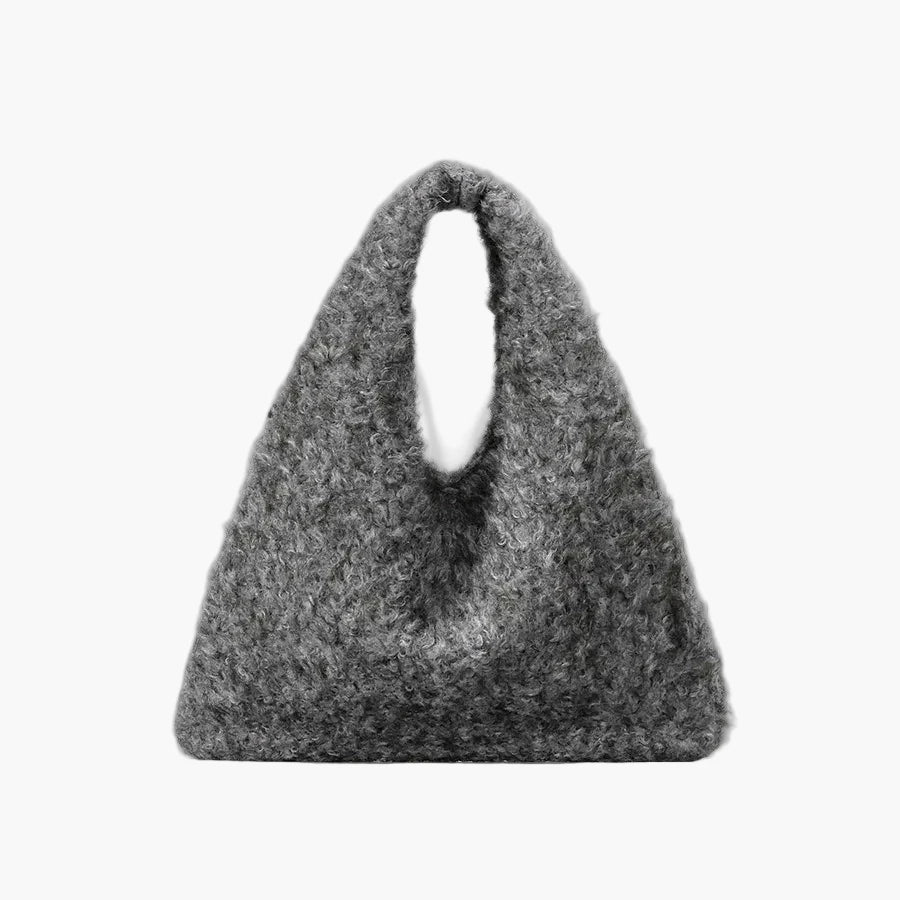 Grey fuzzy tote bag on white background