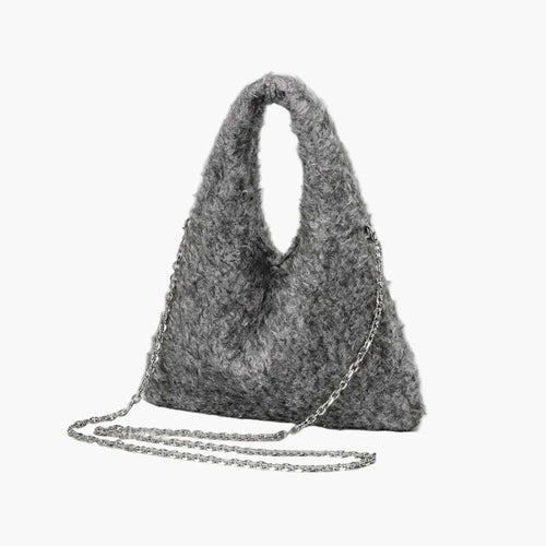 grey fuzzy tote bag side view women fluffy texture