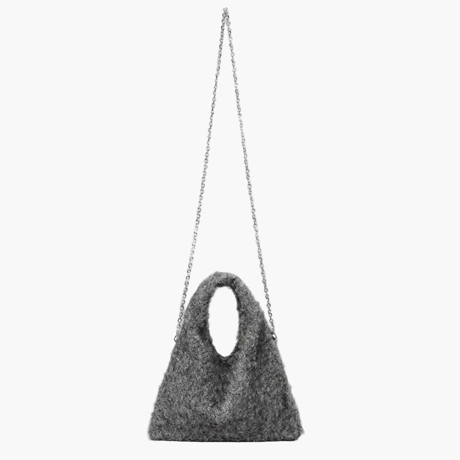 Cozy fuzzy handbag close-up texture detail