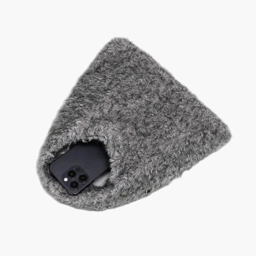 Alba Fuzzy Tote in grey – close-up shot showing phone inside the soft textured bag to highlight capacity and material