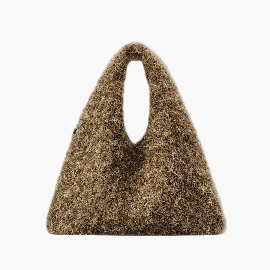 “Brown fuzzy tote bag standing alone product photo”