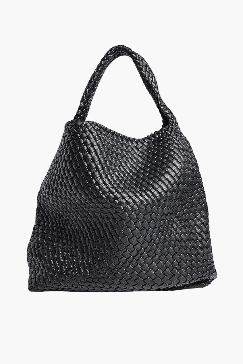 large black woven leather tote bag women - black - tote bag