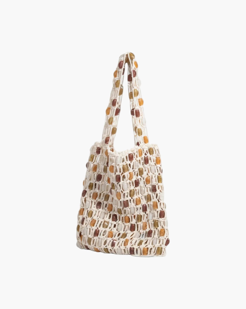 handcrafted cream macrame tote bag multicolour stone beads front view - cream - tote bag