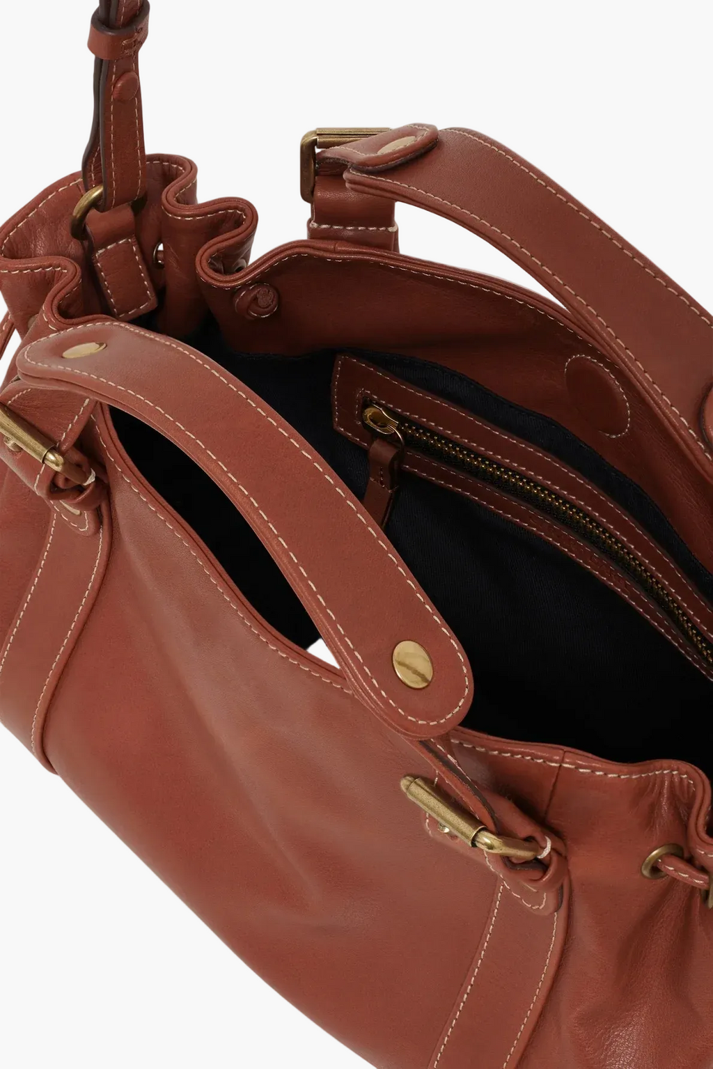 brown slouch leather bag open top view women gold hardware interior