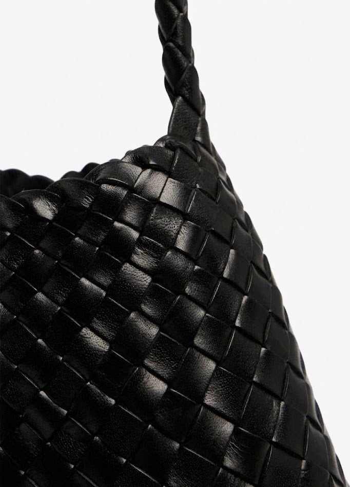 black woven leather bag braided strap close up detail - black - shoulder bag