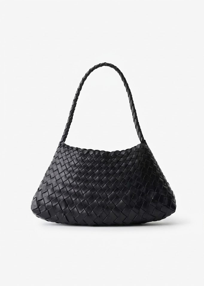 handcrafted woven leather shoulder bag front view black intrecciato - black - shoulder bag