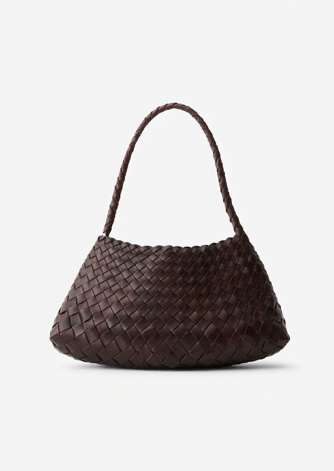 handcrafted dark brown woven leather shoulder bag front view - brown - shoulder bag