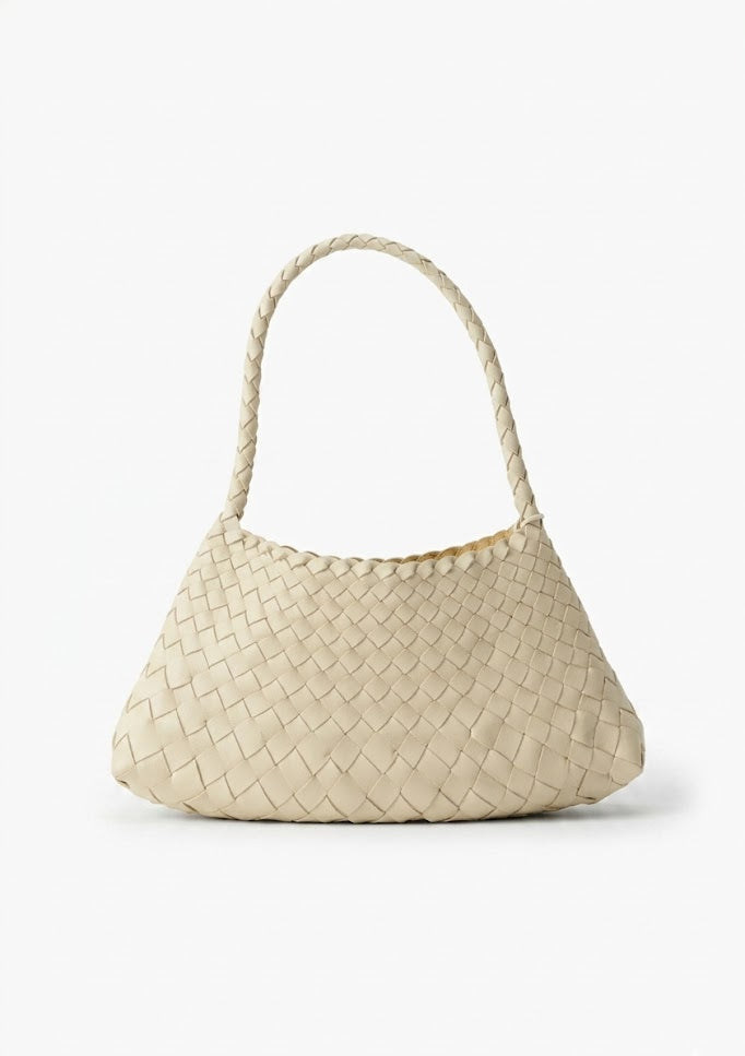 cream ivory woven leather intrecciato shoulder bag front view - cream - shoulder bag