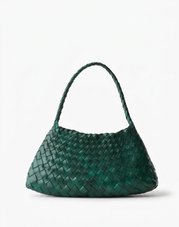 forest green woven leather intrecciato shoulder bag front view - green - shoulder bag