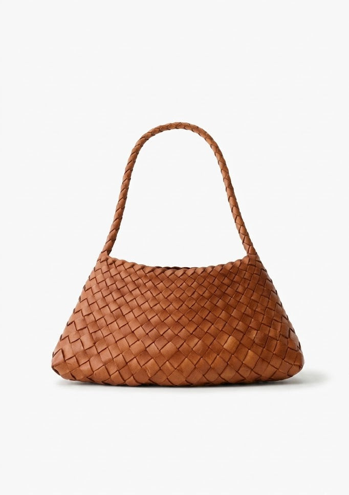 natural tan woven leather intrecciato shoulder bag front view - tan - shoulder bag