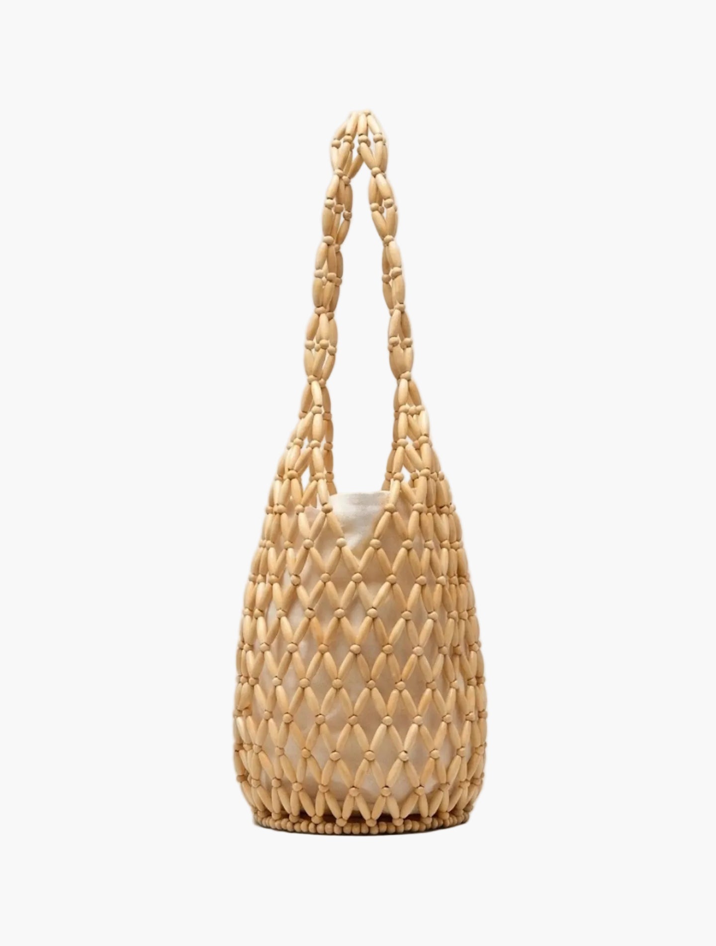 handmade wooden bead tote bag creamy beige rounded shape front view - beige - tote bag