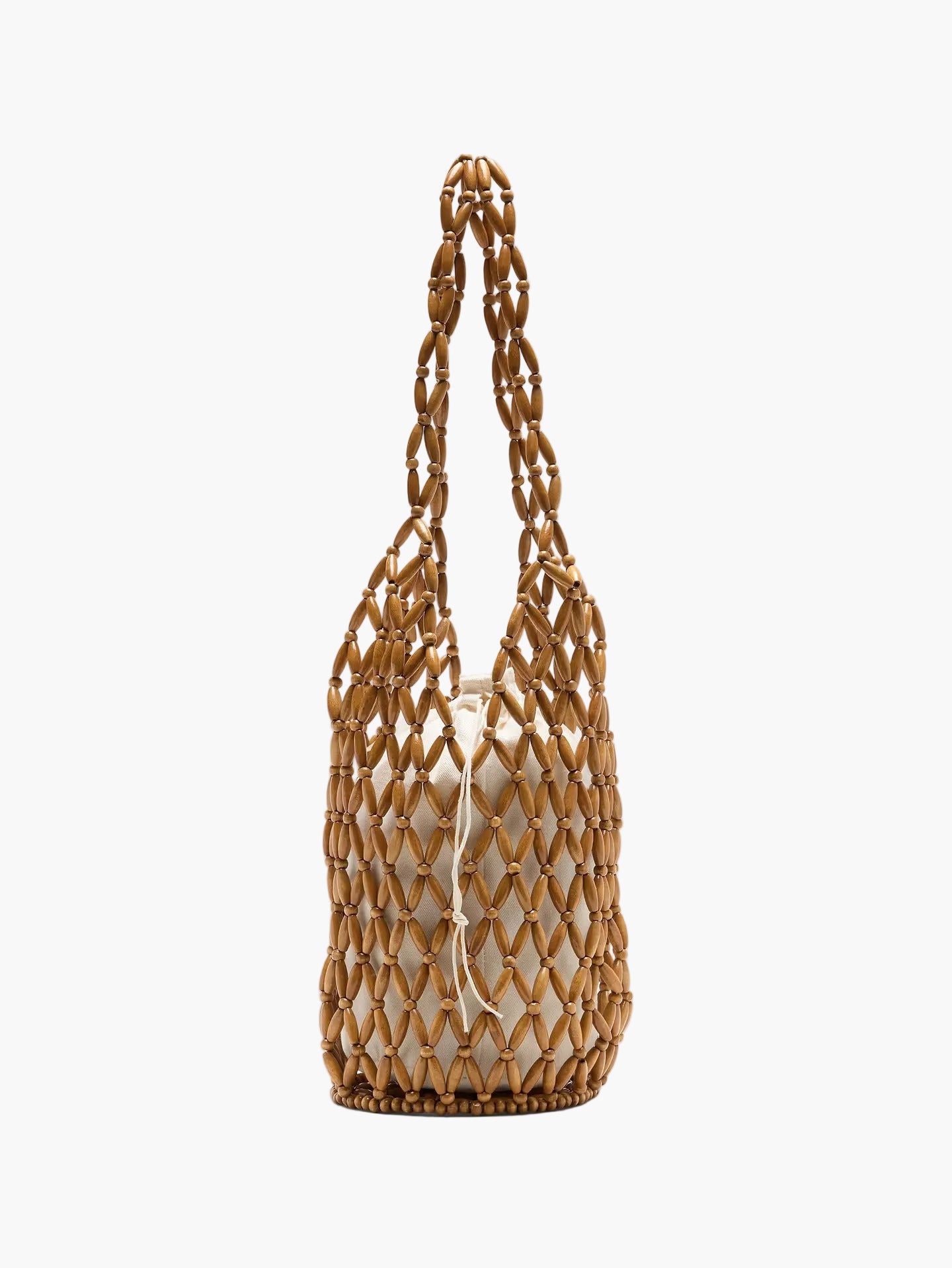 wooden bead tote bag back view canvas inner pouch natural tan - tan - tote bag