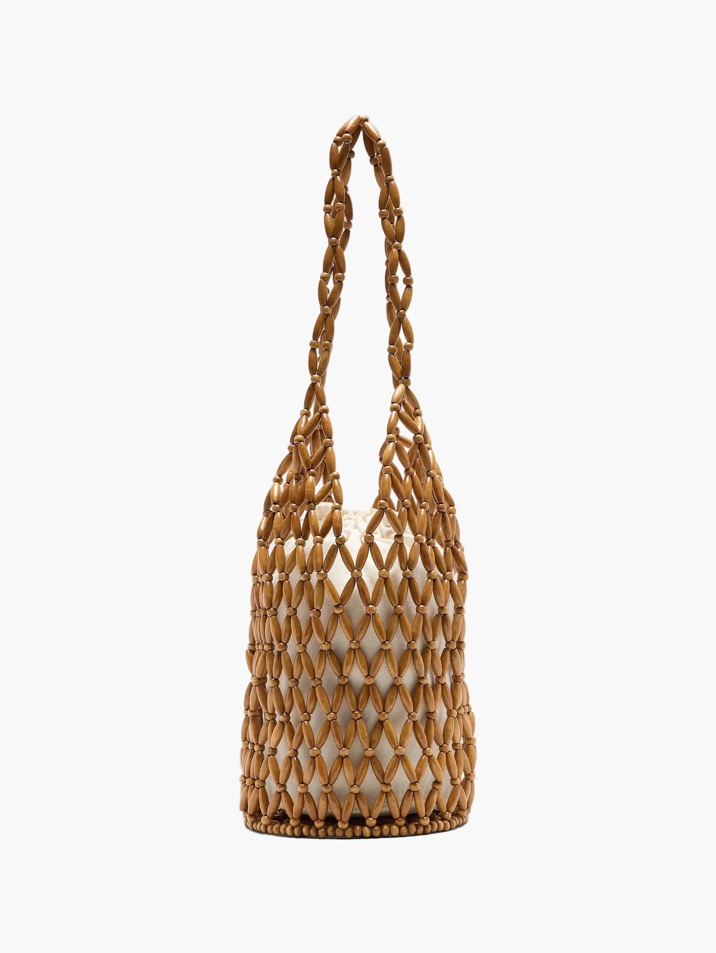 handcrafted wooden bead tote bag front view natural tan - tan - tote bag