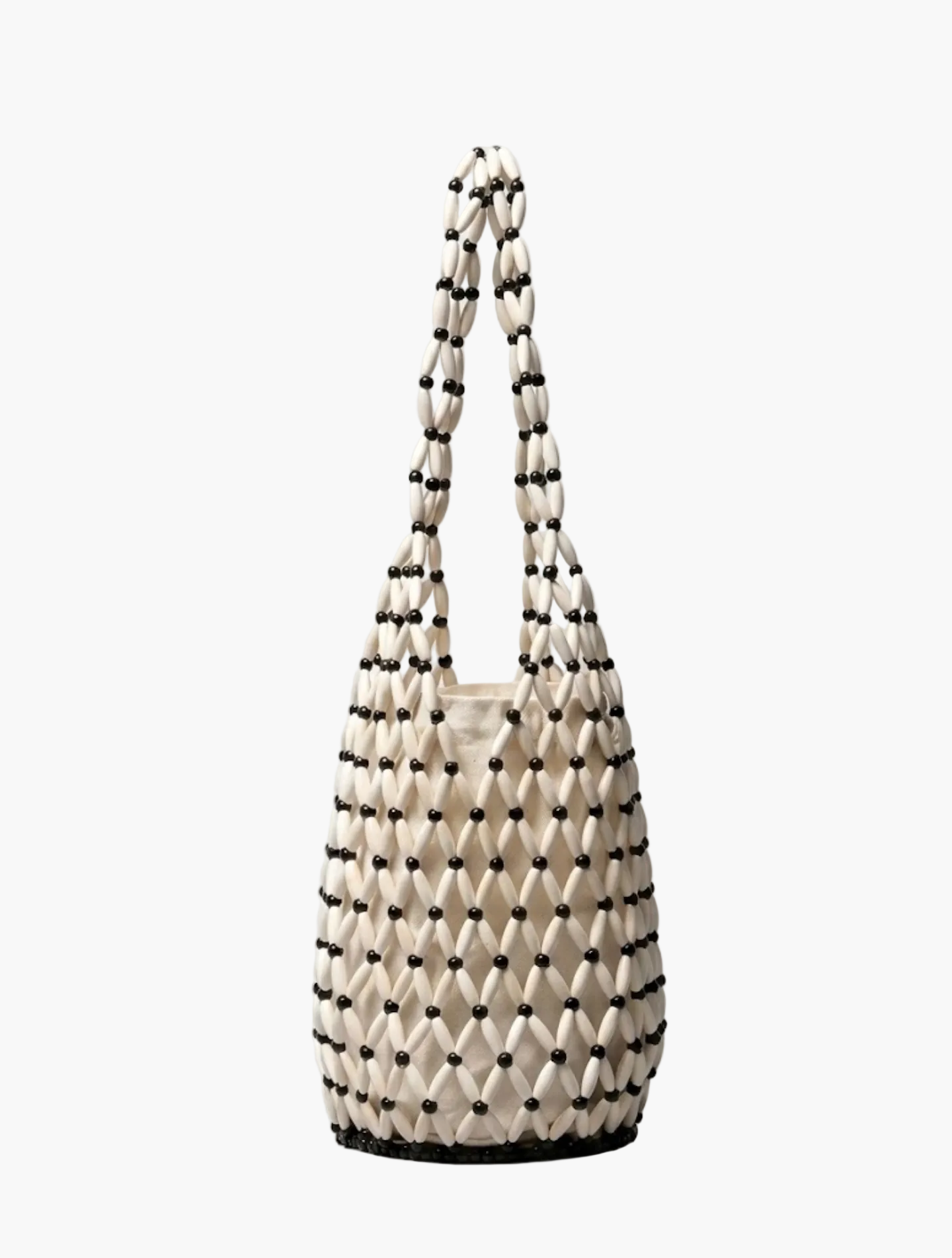 handcrafted wooden bead tote bag white with black accent beads front view - white black - tote bag