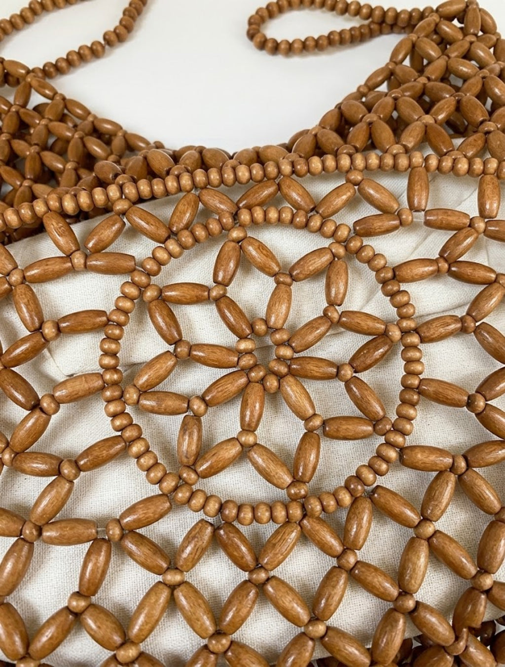 close up handmade wooden bead tote bag floral lattice detail natural tan - tan - tote bag