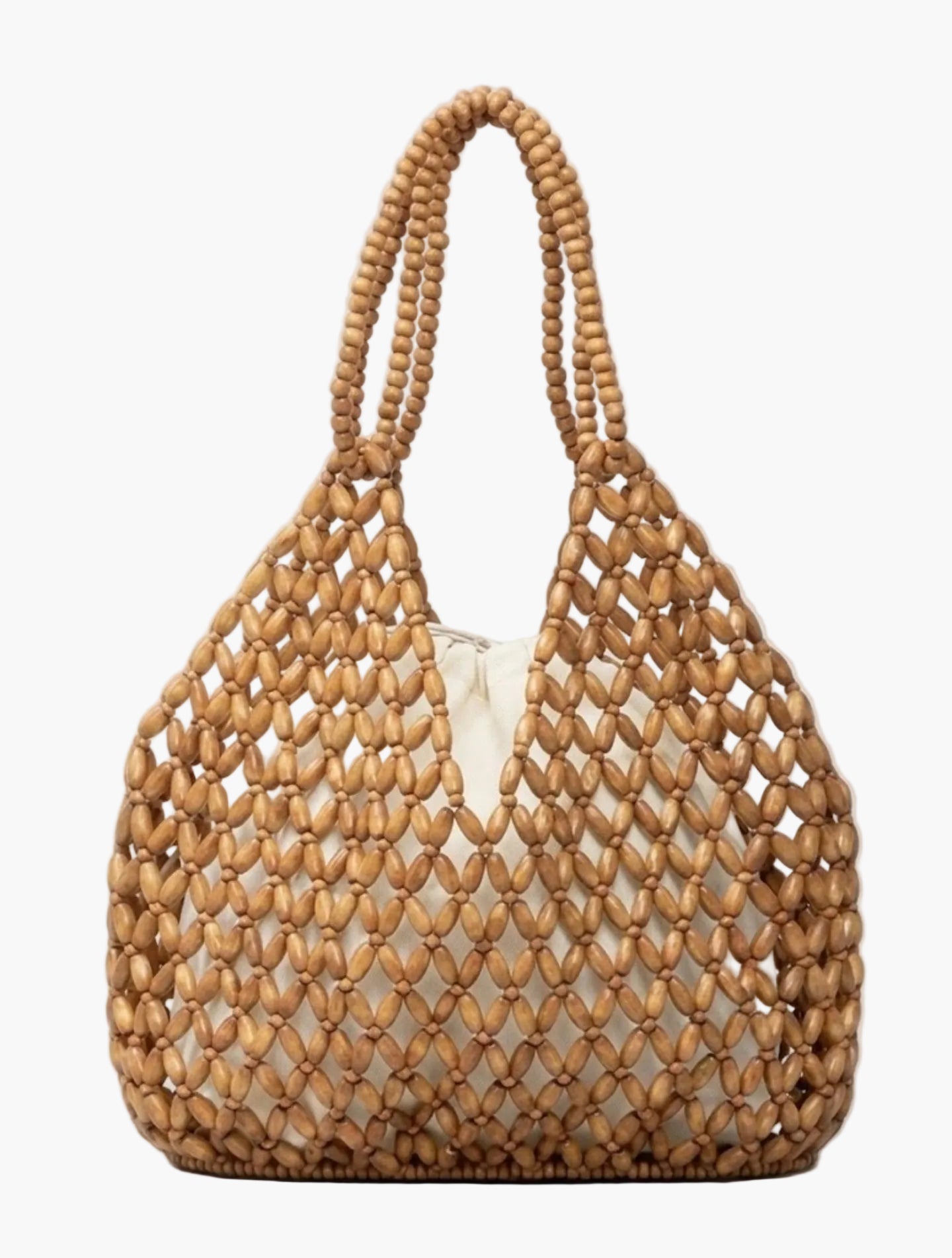 handcrafted wooden bead tote bag double strap front view natural tan - tan - tote bag
