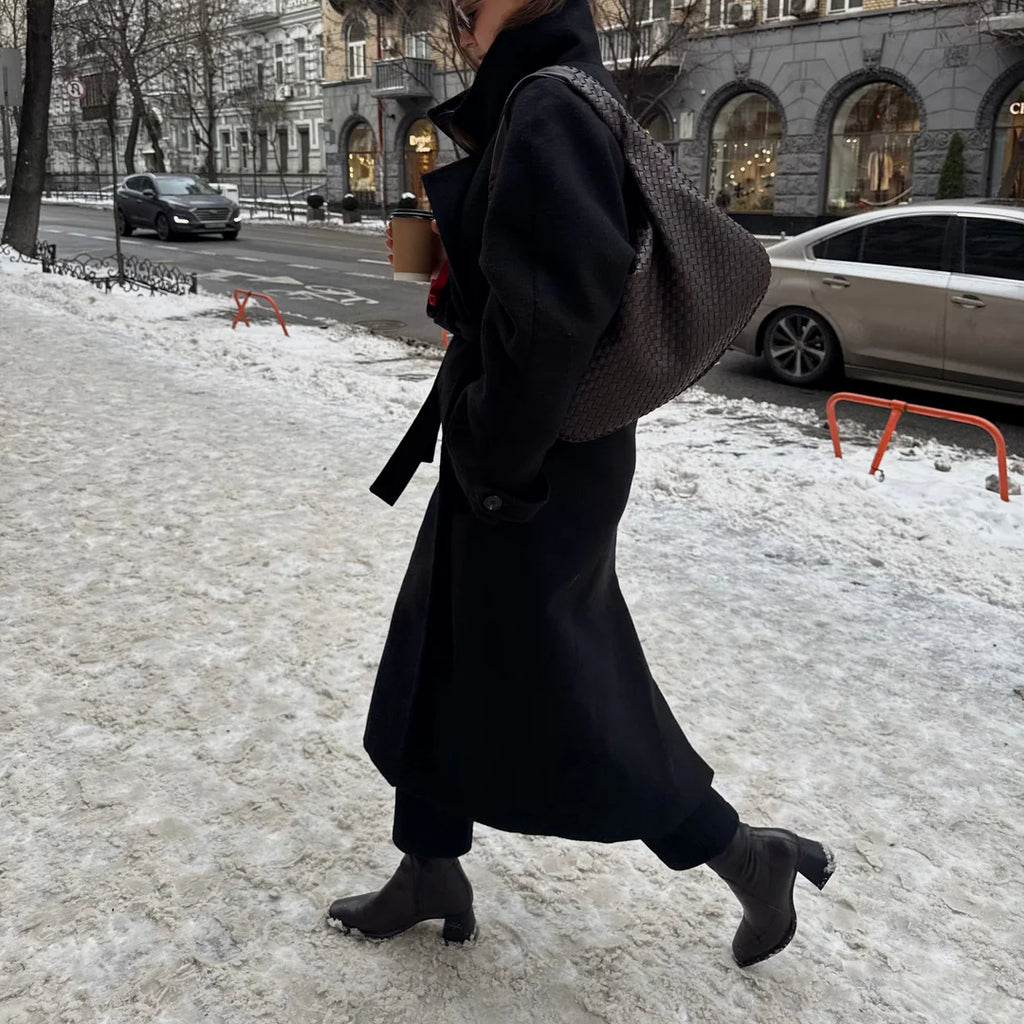 woven hobo shoulder dark brown  women long coat winter street style
