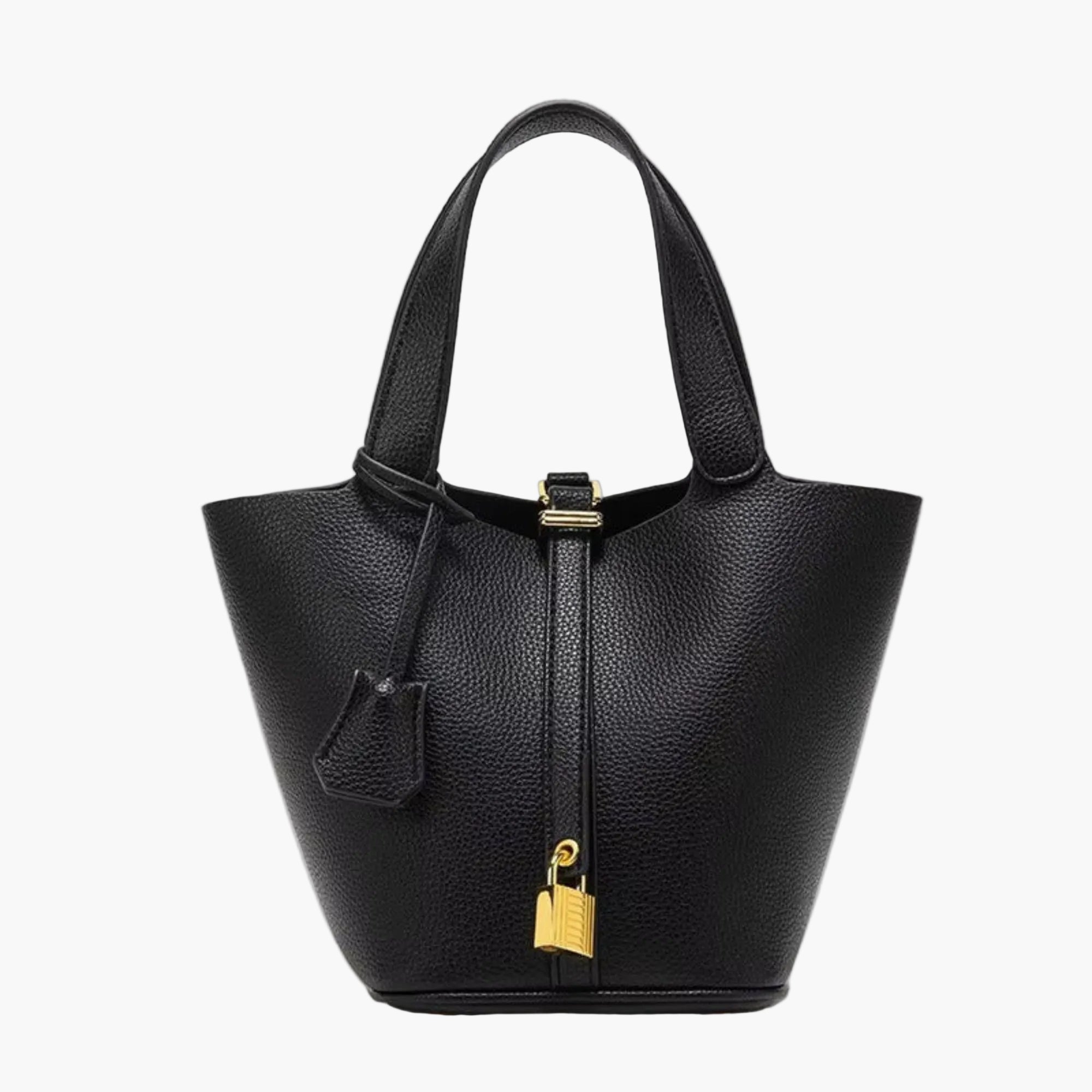 bucket bag black women gold padlock leather top handle elegant