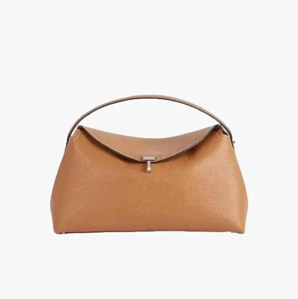 structured top handle handbag tan gold lock closure women elegant