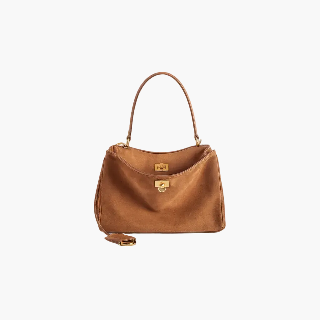 suede shoulder bag camel women top handle gold hardware elegant