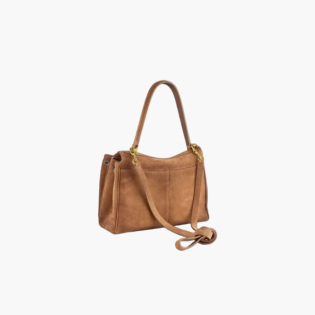 camel suede shoulder bag side view women luxury everyday