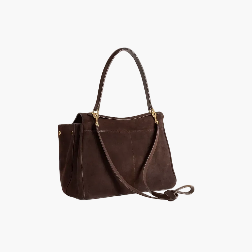 suede shoulder bag dark brown women top handle back view 