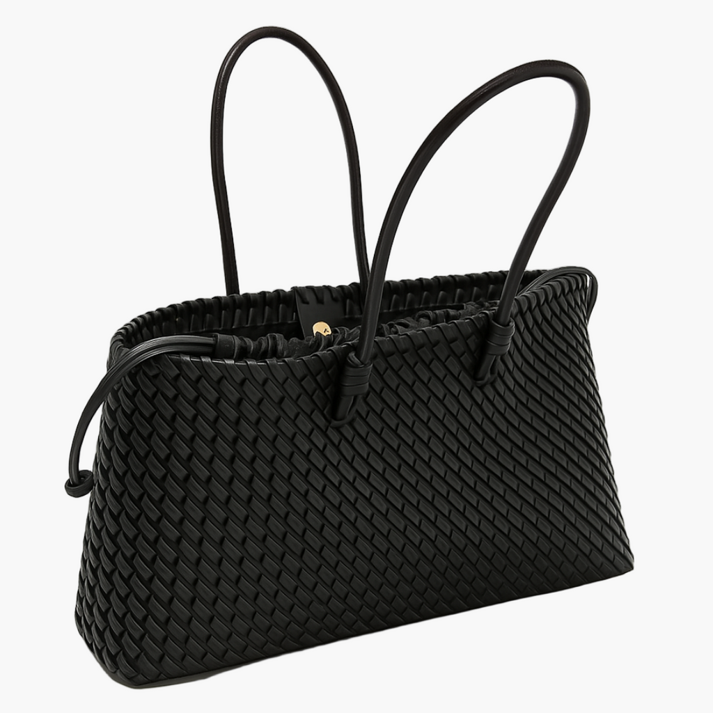 woven leather tote bag black open top view women spacious interior