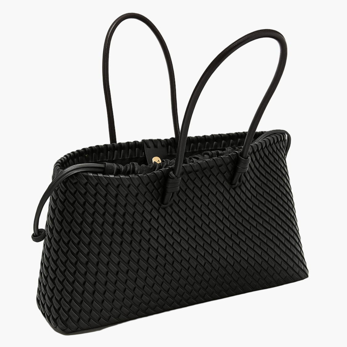 woven leather tote bag black open top view women spacious interior