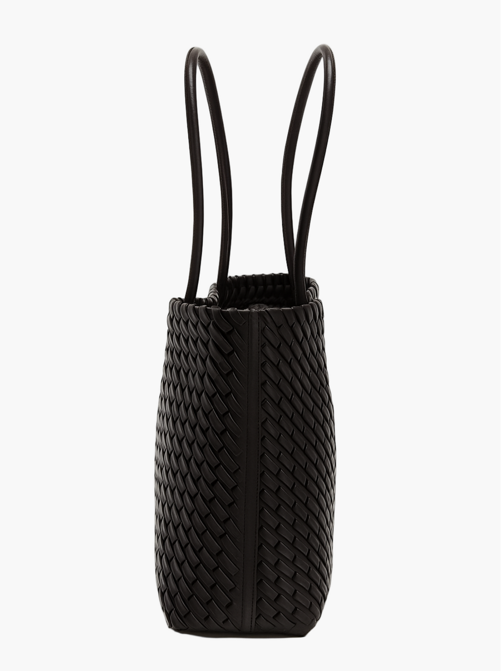 woven leather tote bag black side view women structured elegant