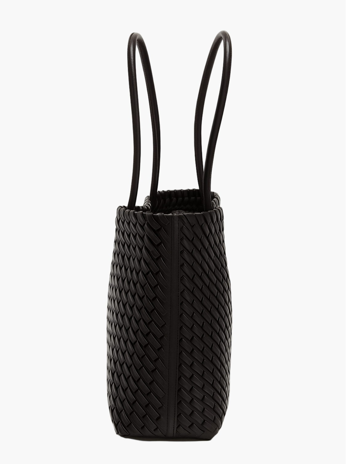 woven leather tote bag black side view women structured elegant