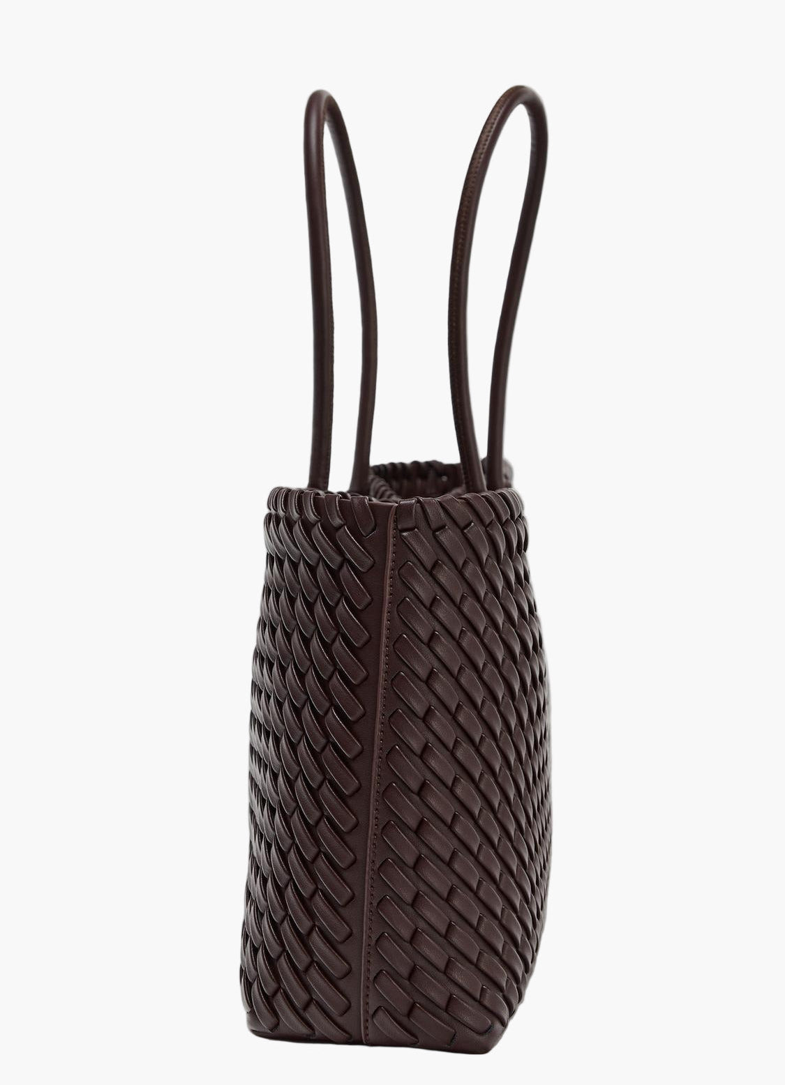 woven leather tote bag burgundy side view women structured elegant