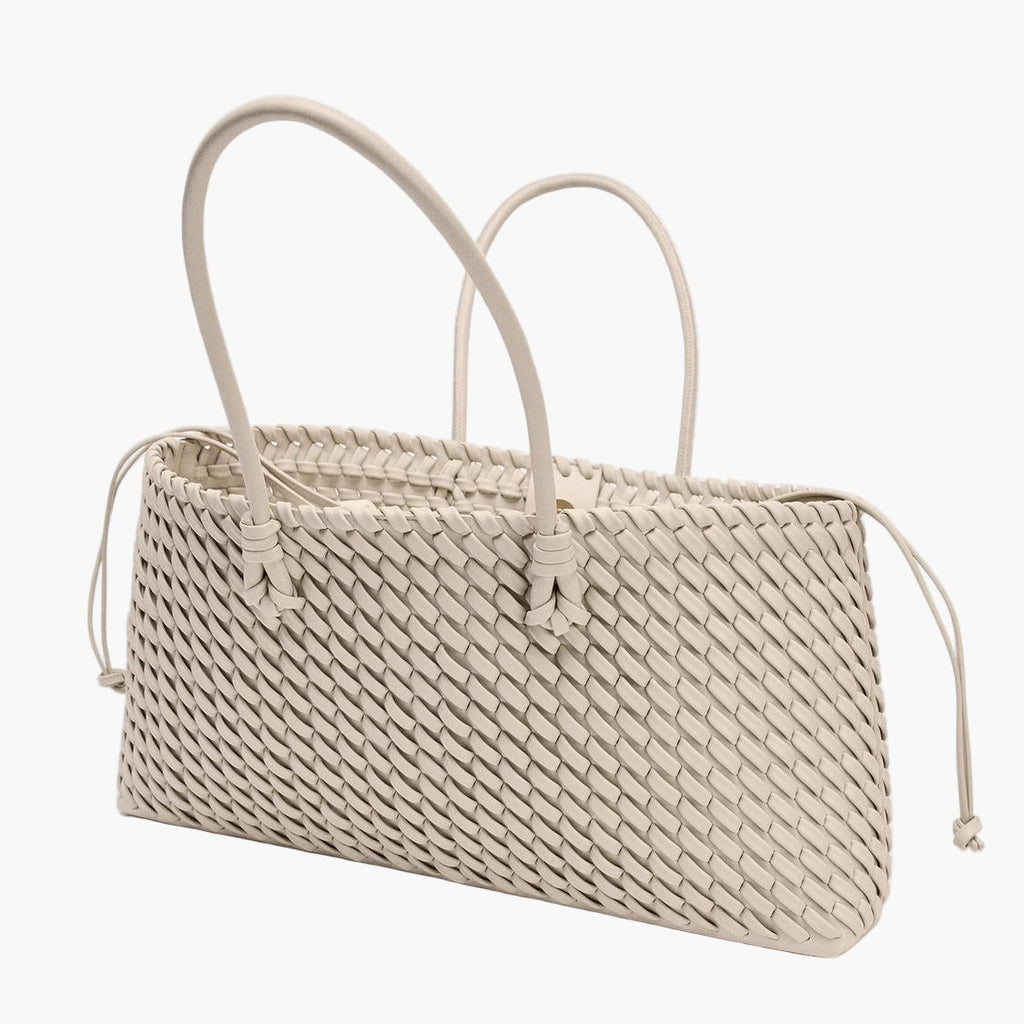 woven leather tote bag cream ecru side view women structured