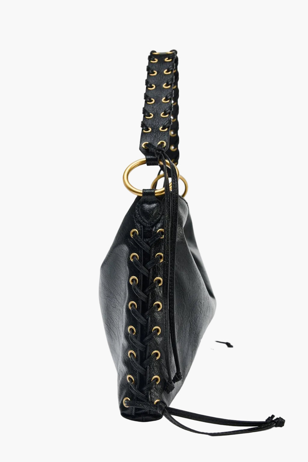 braided handle gold ring hardware close up black corset bag women