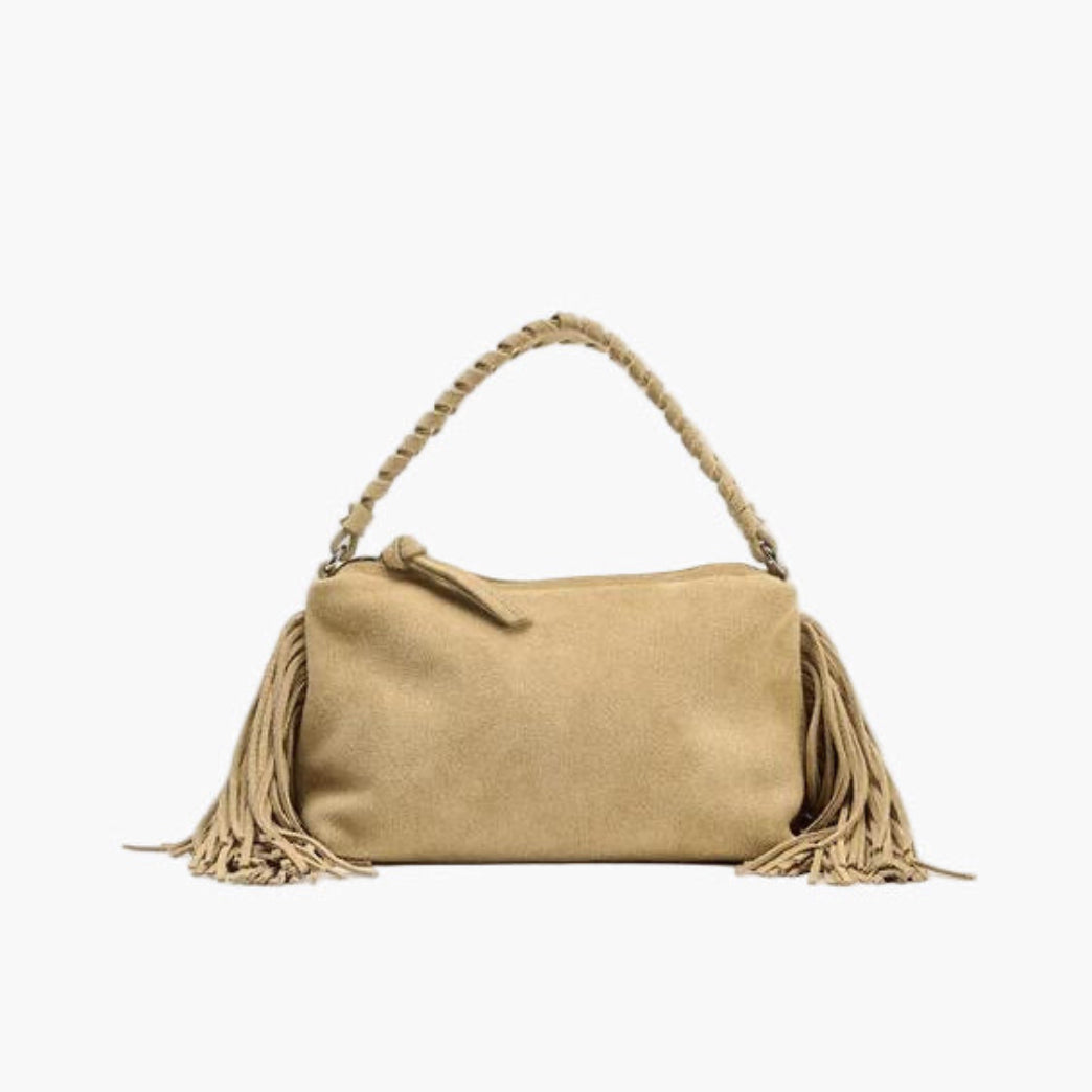 fringe suede shoulder bag sand beige women braided strap boho elegant