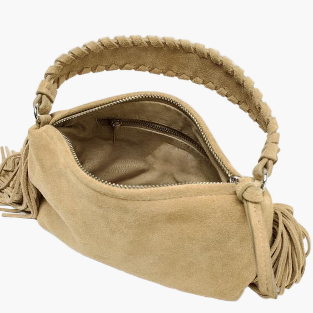 fringe suede bag sand open top view women crossbody interior